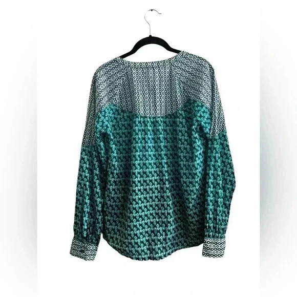 SUNDANCE Blouse Women's Size M Teal White Cotton Contrast Patterns Long Sleeve - Picture 8 of 13